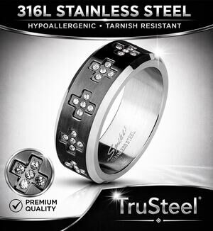 Men’s CZ Set‎ Cross Around on Black Center 316L Stainless Steel Ring Size 8